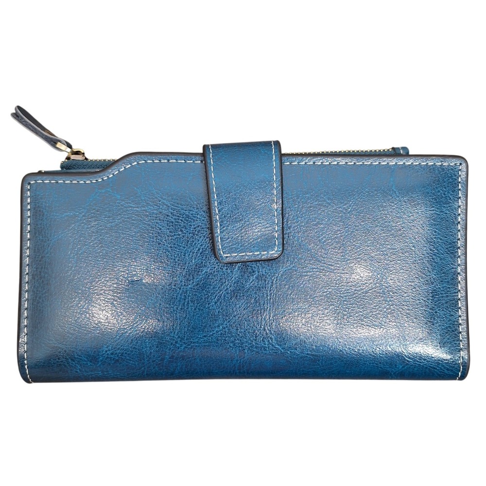 SENDEFN Blue Leather Bifold Wallet with Zip Pocket and Contrast Stitching